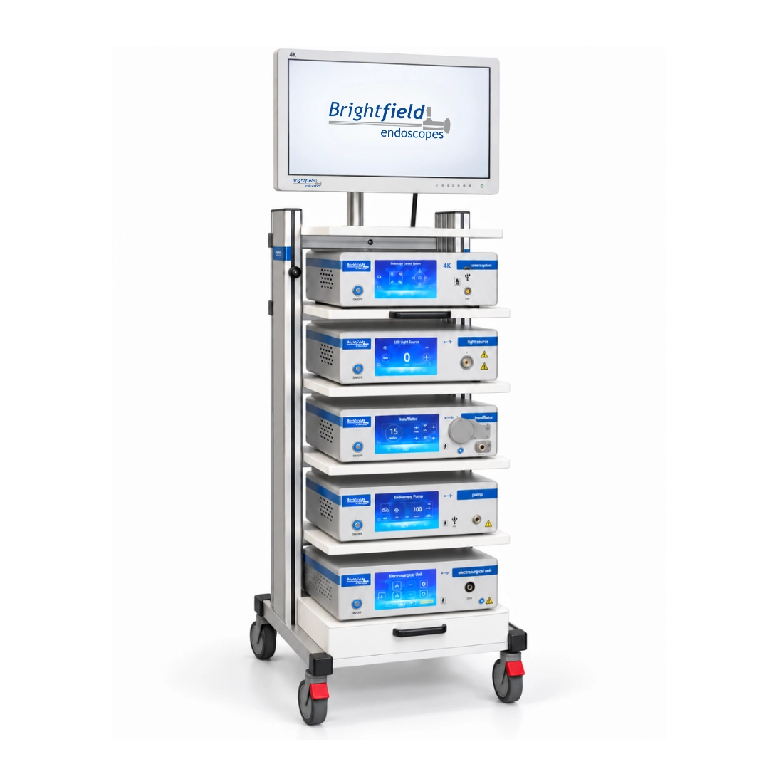 Brightfield medical endoscopy tower with 4K monitor, video camera, LED light source and additional modules, left-side view