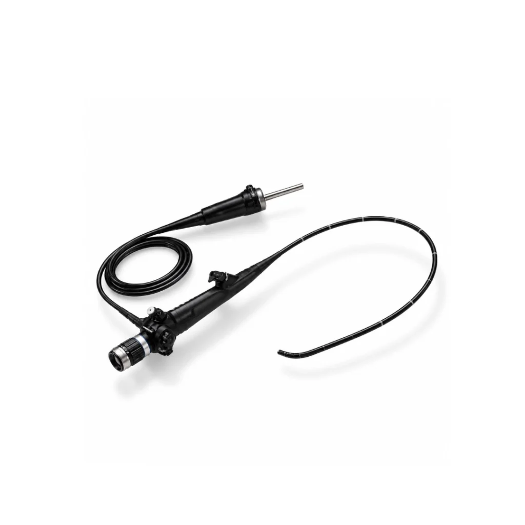 Brightfield flexible intubation fiberscope with optical eyepiece, control handle, connecting cable and curved insertion tube on a white background