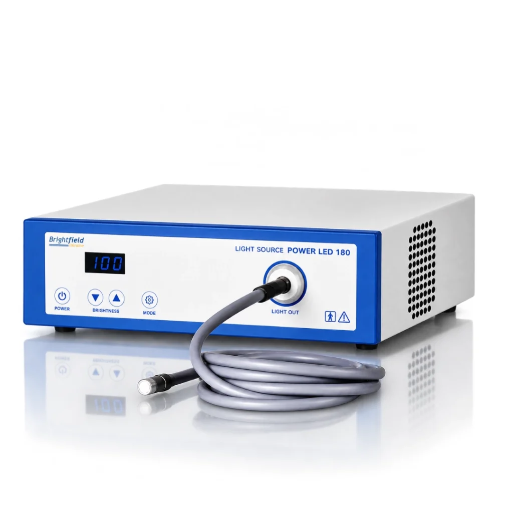 Brightfield POWER LED 180 medical LED light source, right three-quarter view with side ventilation grille, digital intensity display and connected light guide