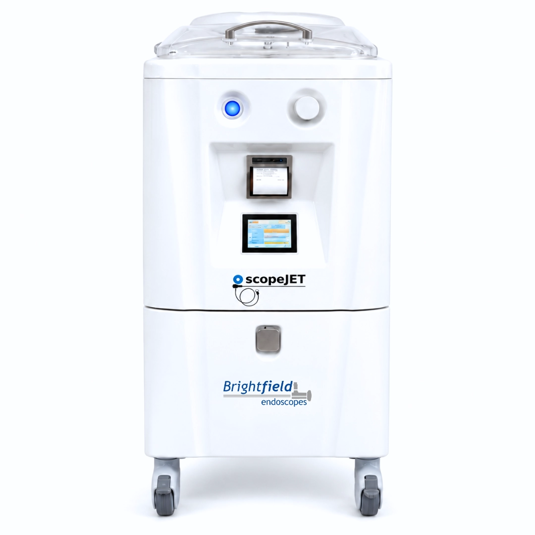 Endoscopy Reprocessor ScopeJet A1 automatic endoscope reprocessor, front view with touchscreen control panel and built-in printer
