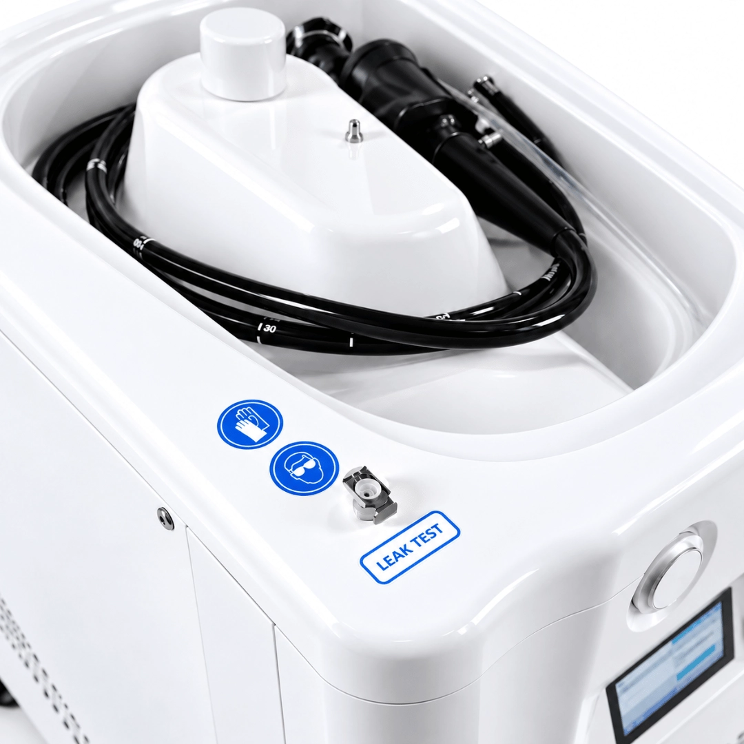 ScopeJET endoscope washer-disinfector with leak test connection and endoscope tubing