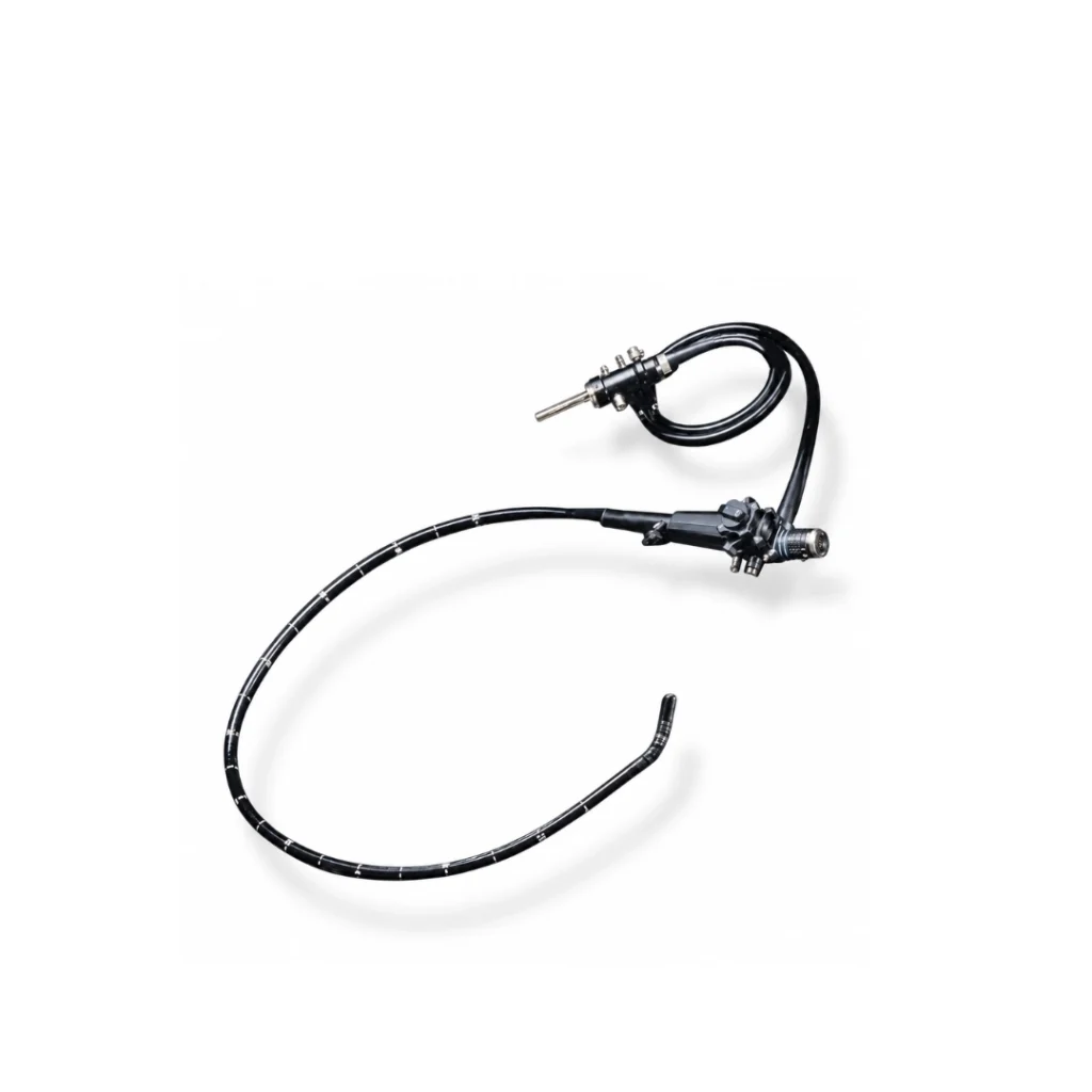 Brightfield flexible fiberoptic bronchoscope with curved insertion tube, optical eyepiece and control handle on a white background