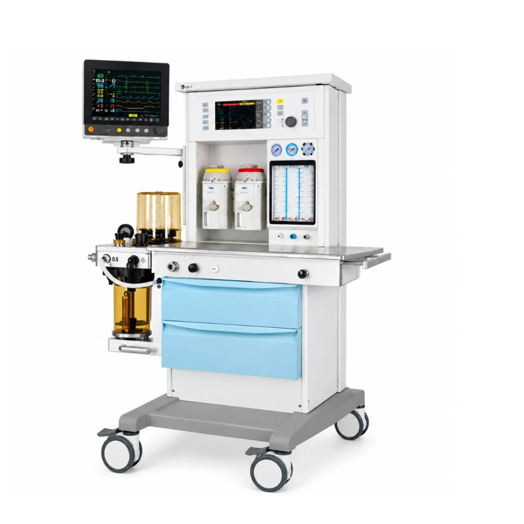Brightfield Healthcare S1600A anesthesia workstation, left-side view showing patient monitor, vaporizer and breathing system