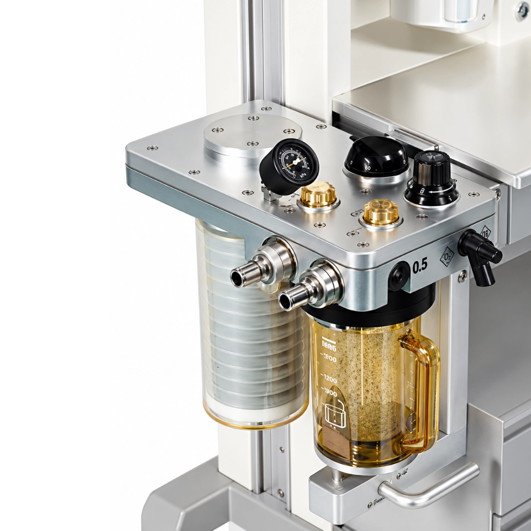 Close-up of the Brightfield Healthcare S1600A and S1600B anesthesia workstation breathing system and absorber assembly