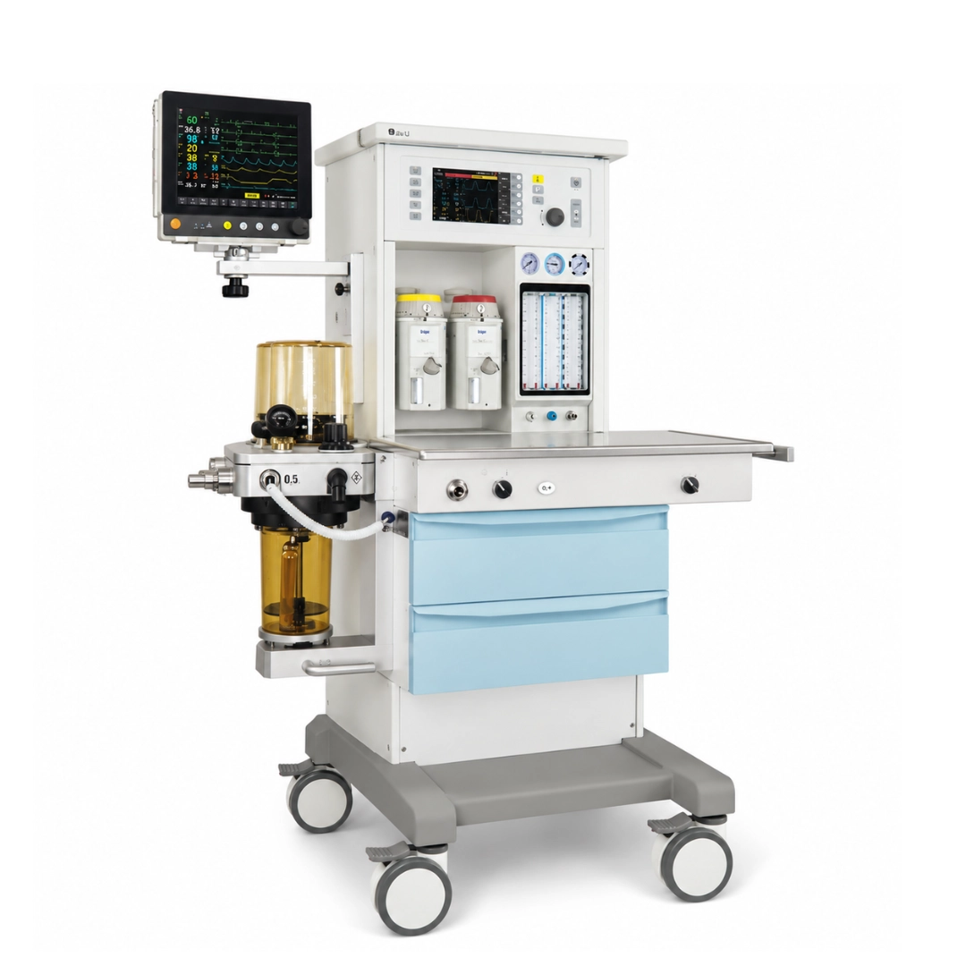Brightfield Healthcare S1600A anesthesia workstation in three-quarter view with ventilator, patient monitor and gas delivery system