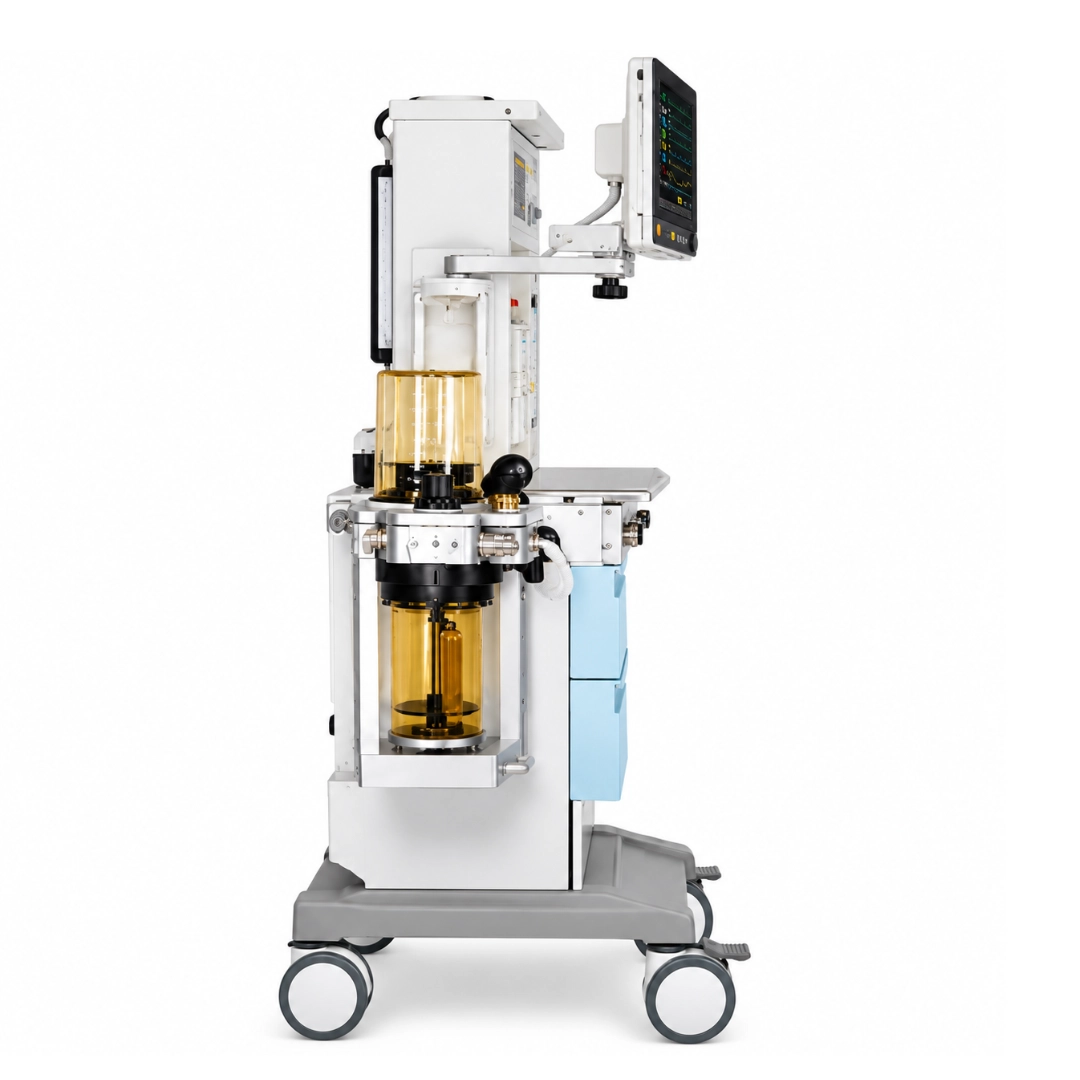 Brightfield Healthcare S1600A anesthesia workstation, rear view with breathing system, monitor and mobile base