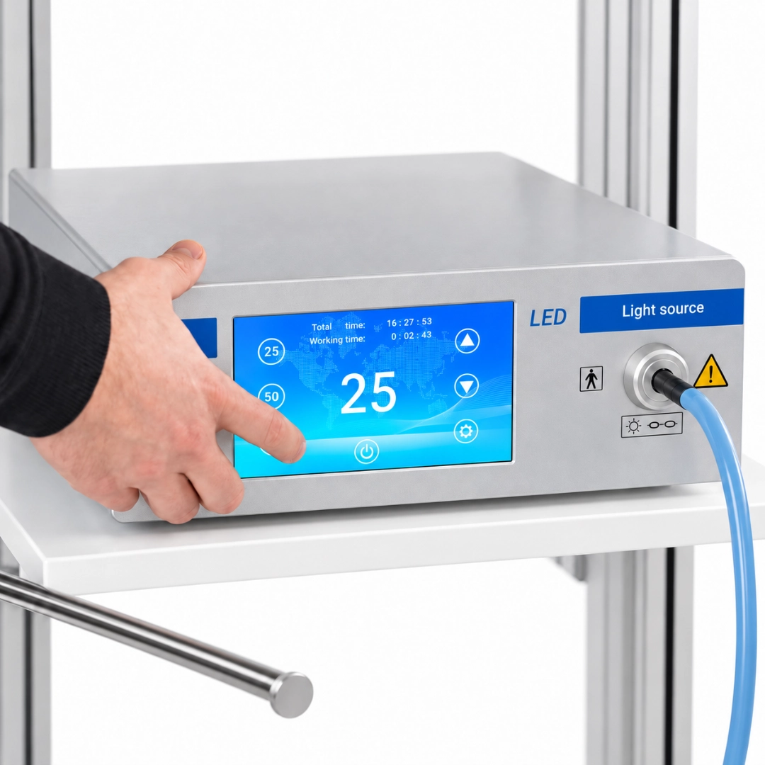 Brightfield BRF-L LED light source touchscreen with brightness adjustment controls and connected light cable