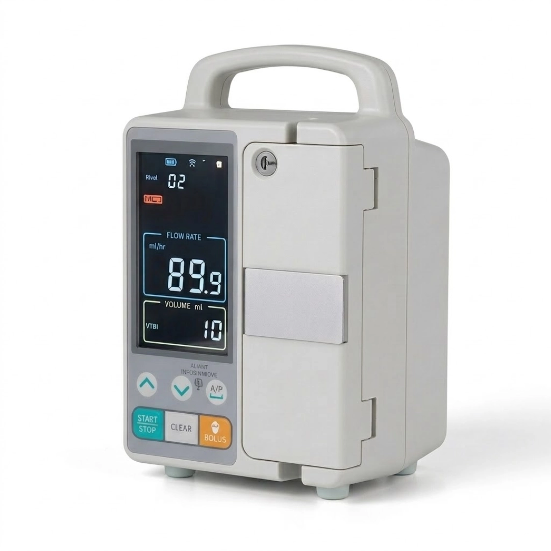 hree-quarter left view of the KL-8052N infusion pump, showcasing its side profile, screen, and door on a white background