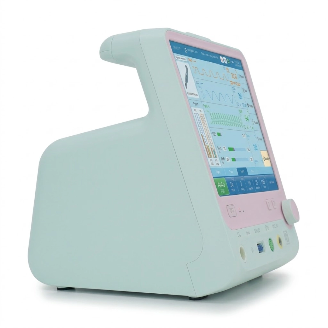 Brightfield S1500B ventilator right-side view with touchscreen display and ventilation controls