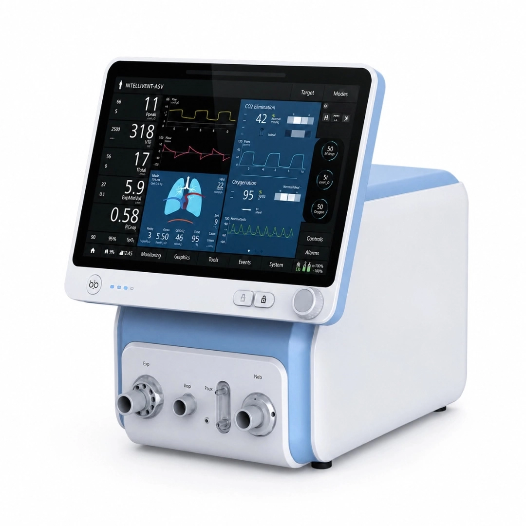 Brightfield S1900 neonatal ventilator, left-side view showing the housing, touchscreen and ventilation ports