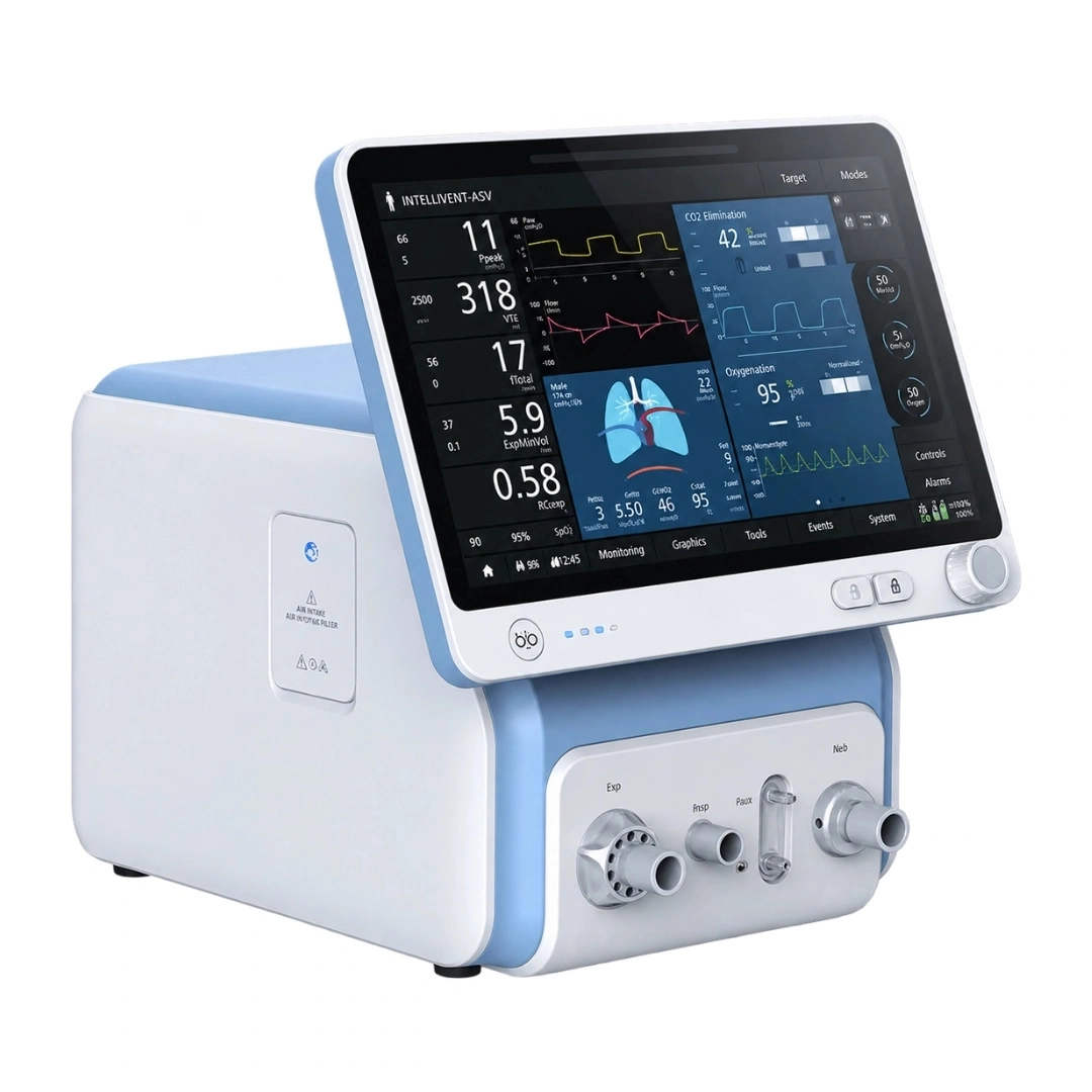 Brightfield S1900 neonatal ventilator, right-side view with touchscreen display and ventilation controls