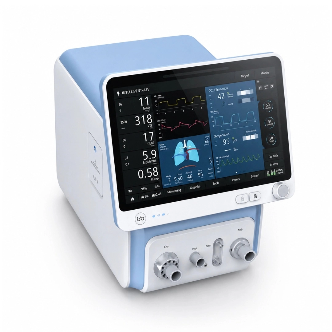 Brightfield S1900 neonatal ventilator, angled top view showing the touchscreen display and ventilation system