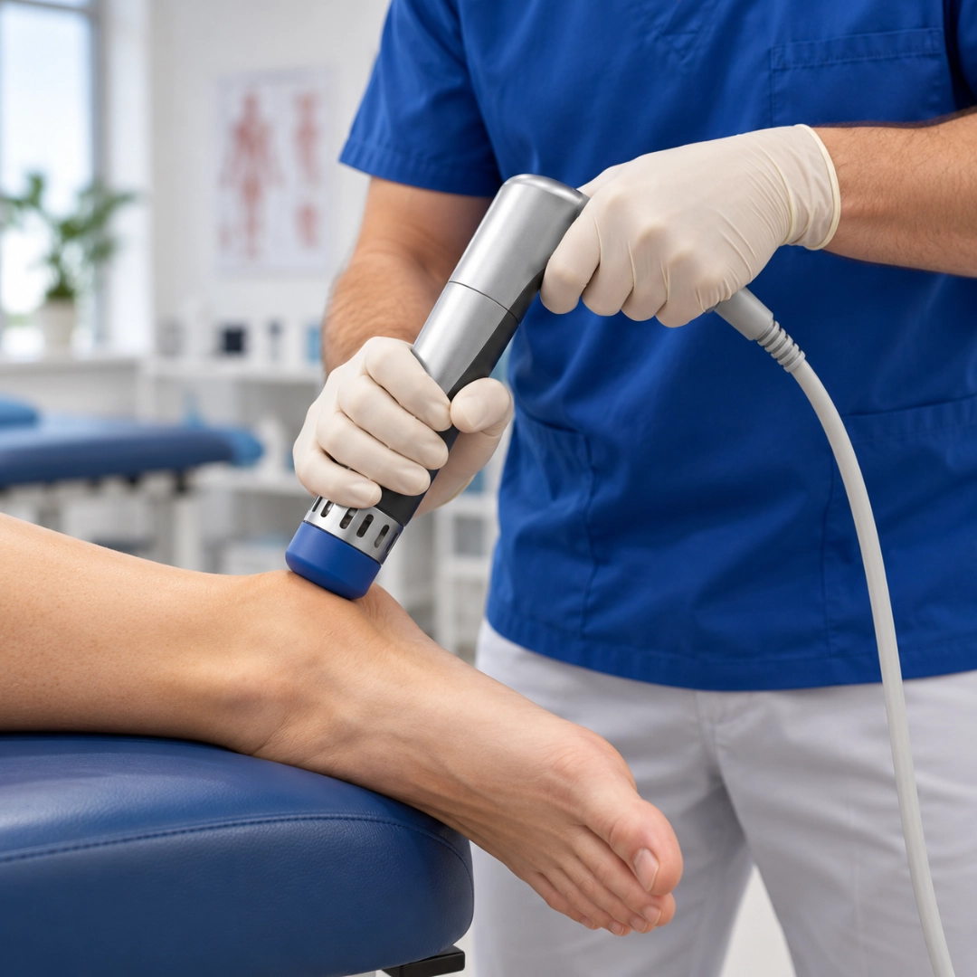Healthcare professional performing radial shock wave therapy on a patient's ankle using a handheld applicator in a physiotherapy clinic