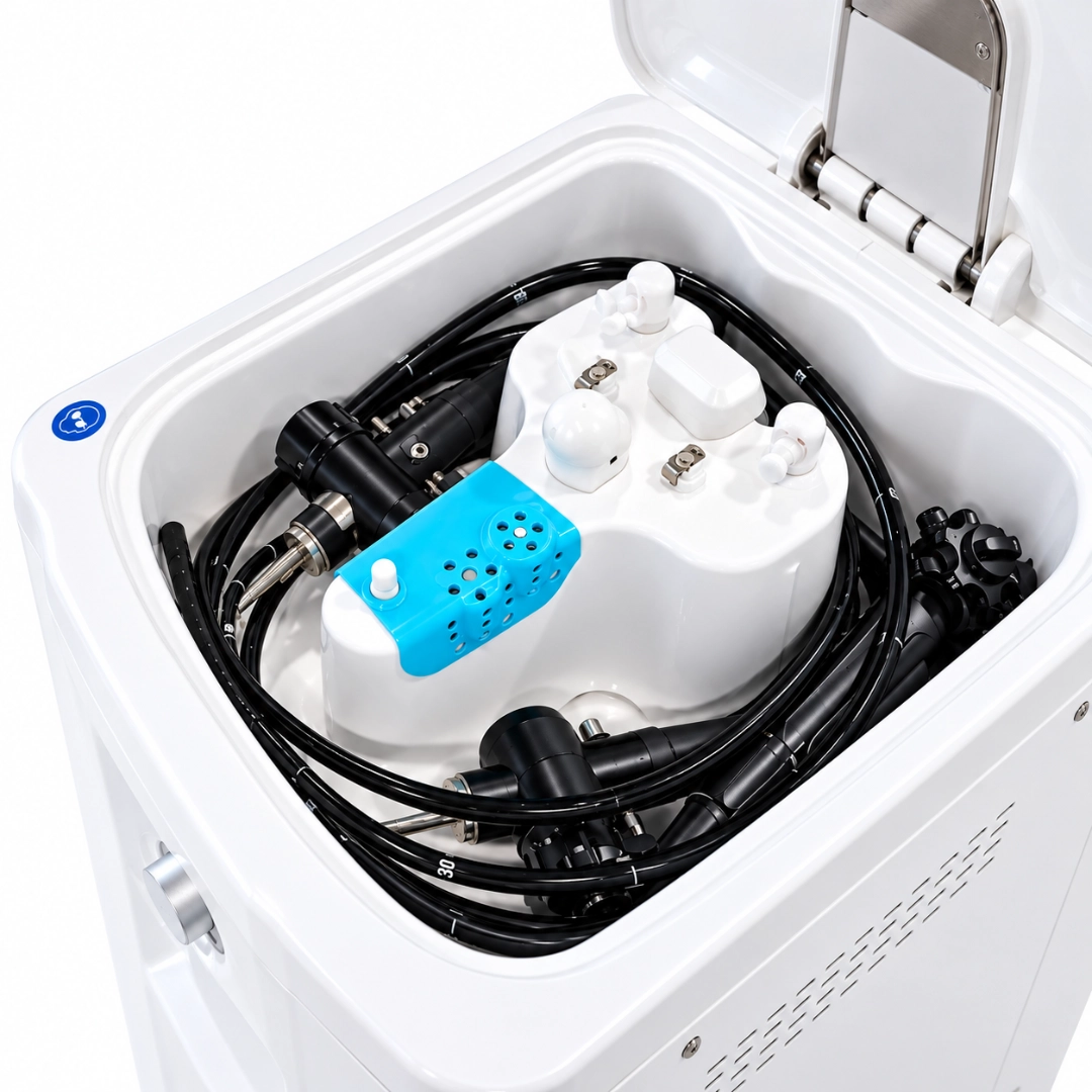 ScopeJET processing chamber for washing and high-level disinfection of two flexible endoscopes