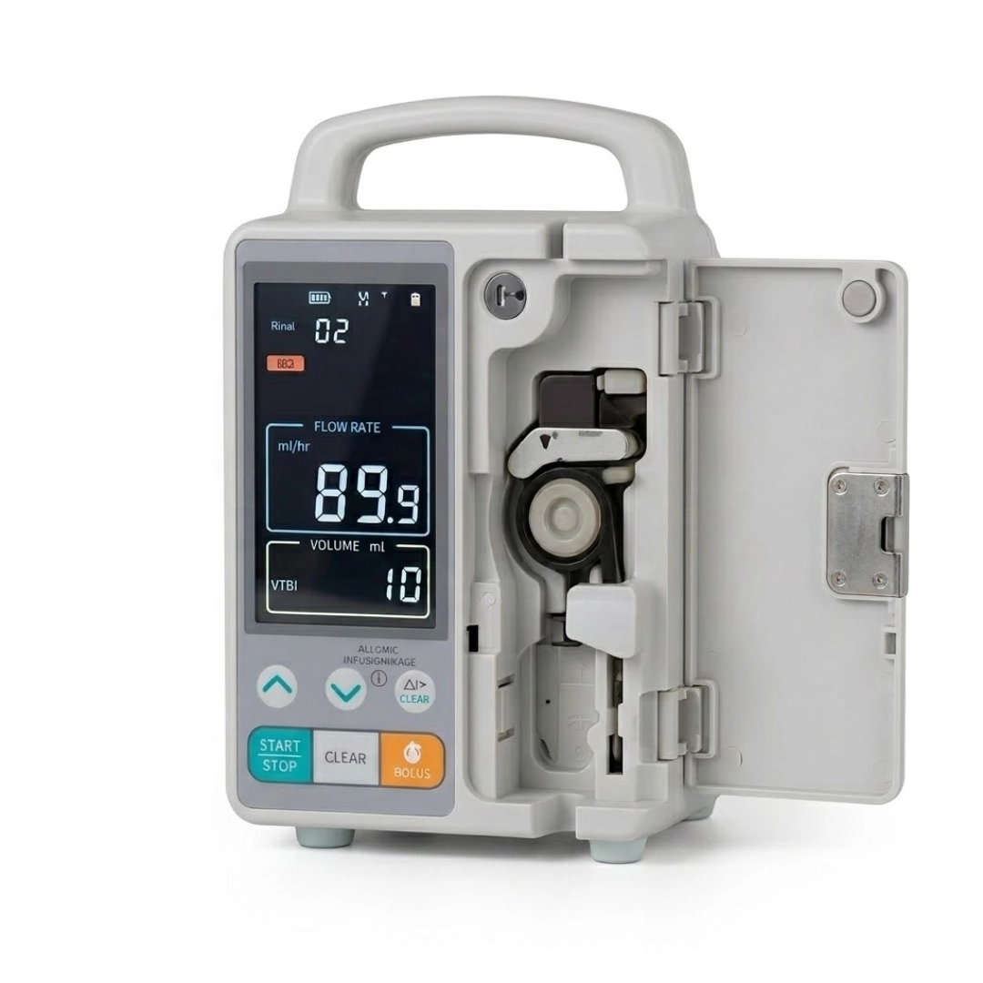 Open door view of the KL-8052N infusion pump, revealing the internal peristaltic mechanism and tubing pathway on a white background