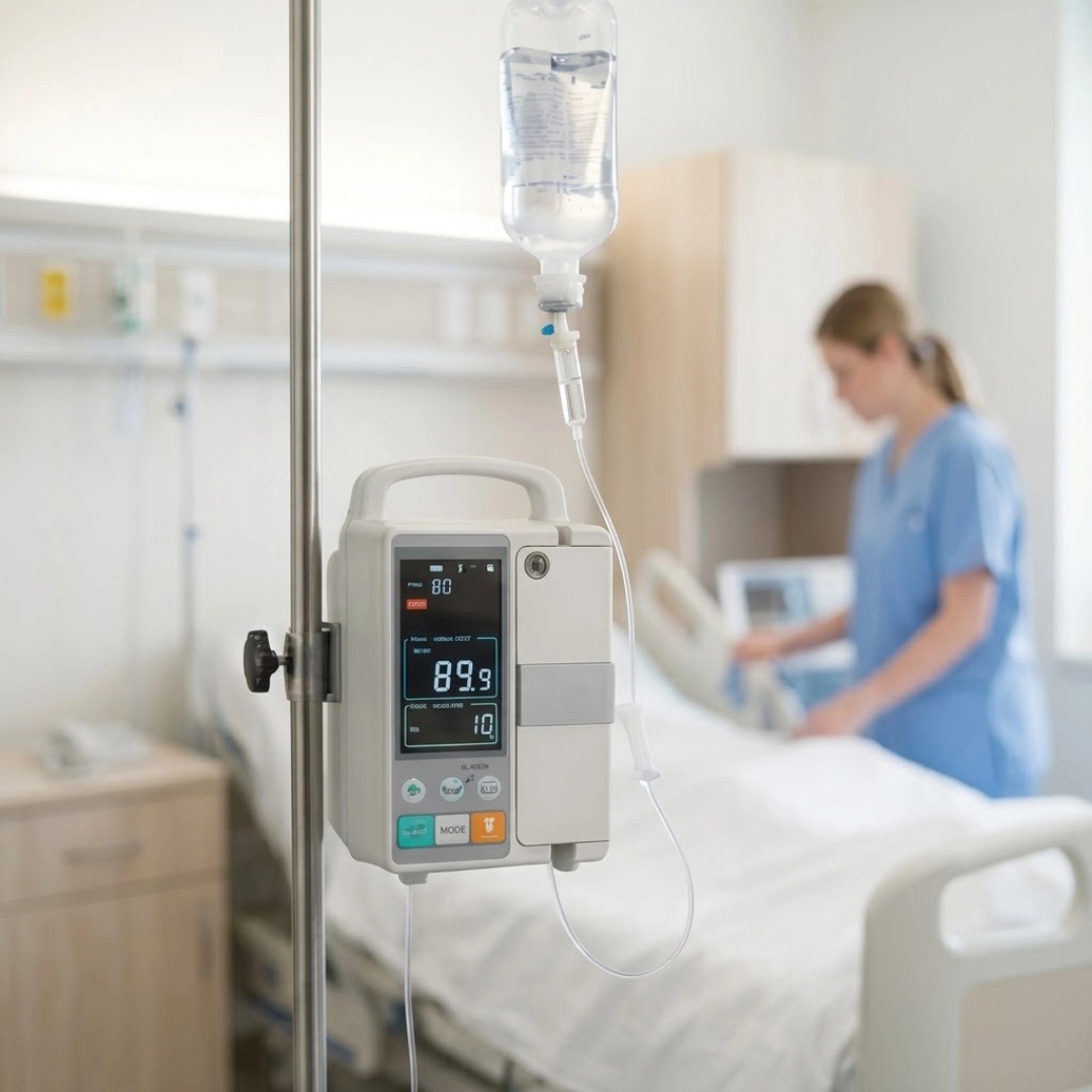 KL-8052N infusion pump mounted on an IV pole in a hospital ward, connected to an IV fluid bag with a nurse in the blurred background