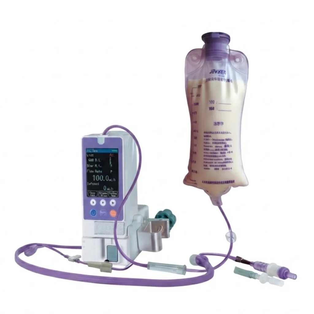 Brightfield KL-5021A enteral feeding pump with feeding bag and tube set, front view