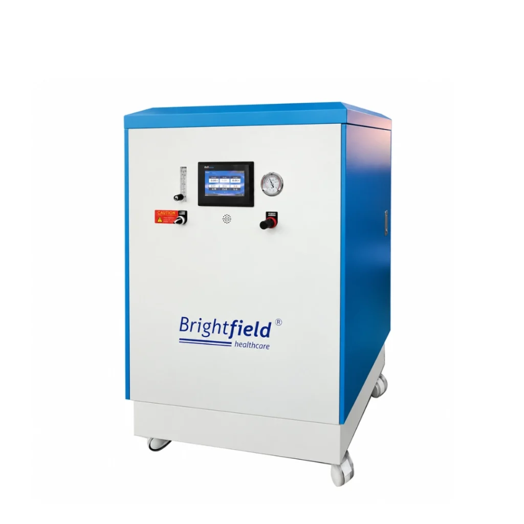 Brightfield Healthcare AE-8-NW high-flow oxygen concentrator, left-side view