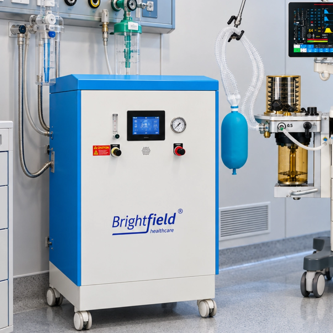 Brightfield Healthcare AE-8-NW high-flow oxygen concentrator in a clinical setting