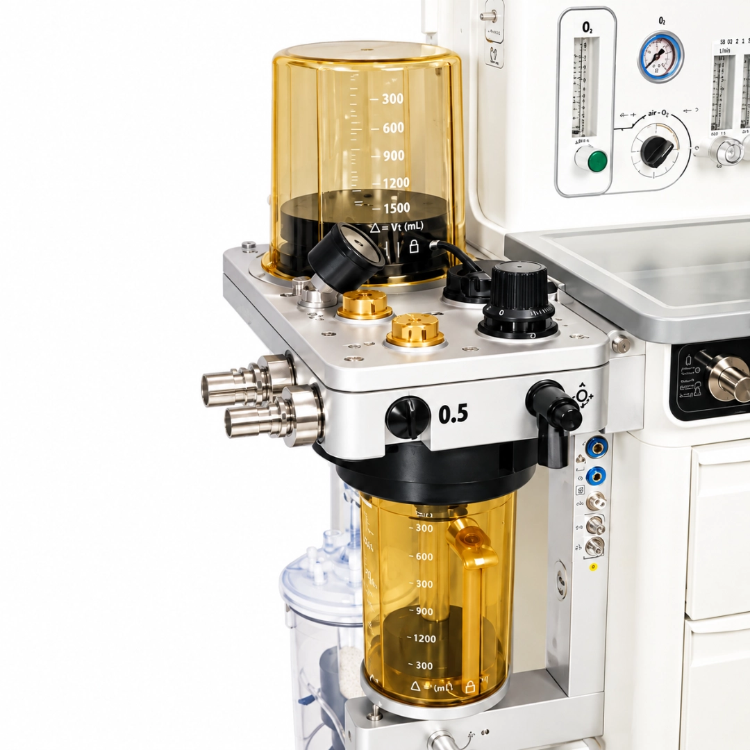 Close-up of the Brightfield Healthcare S1600X/S1600T breathing module with absorber, flow controls and gas connections
