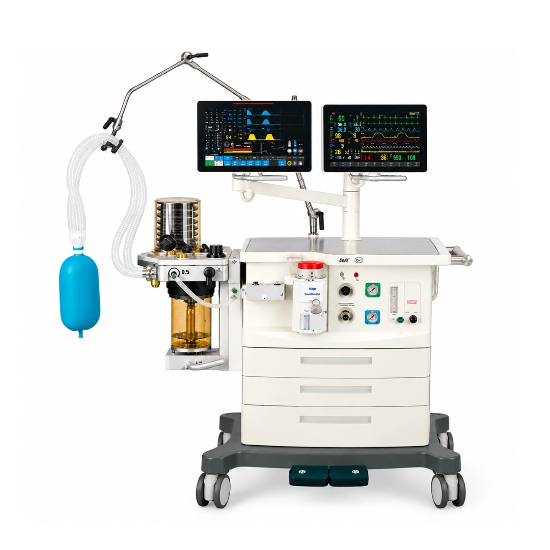 Brightfield Healthcare S1600X/S1600T modular anesthesia workstation with dual monitors, breathing circuit and anesthesia controls, front view