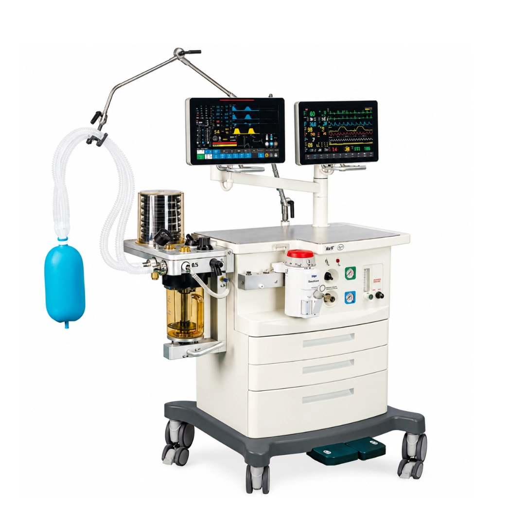 Brightfield Healthcare S1600X/S1600T modular anesthesia workstation with dual monitors, breathing circuit and absorber, right three-quarter view