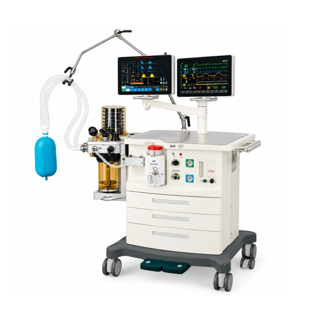 Brightfield Healthcare S1600X /S1600T modular anesthesia workstation with dual monitors and breathing system, left three-quarter view