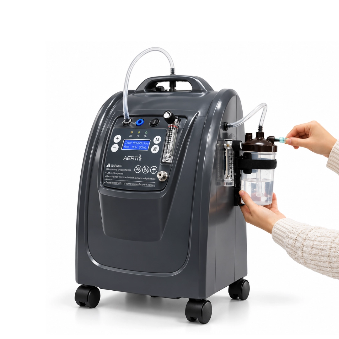 AERTI AE oxygen concentrator with an attached humidifier bottle and oxygen tubing