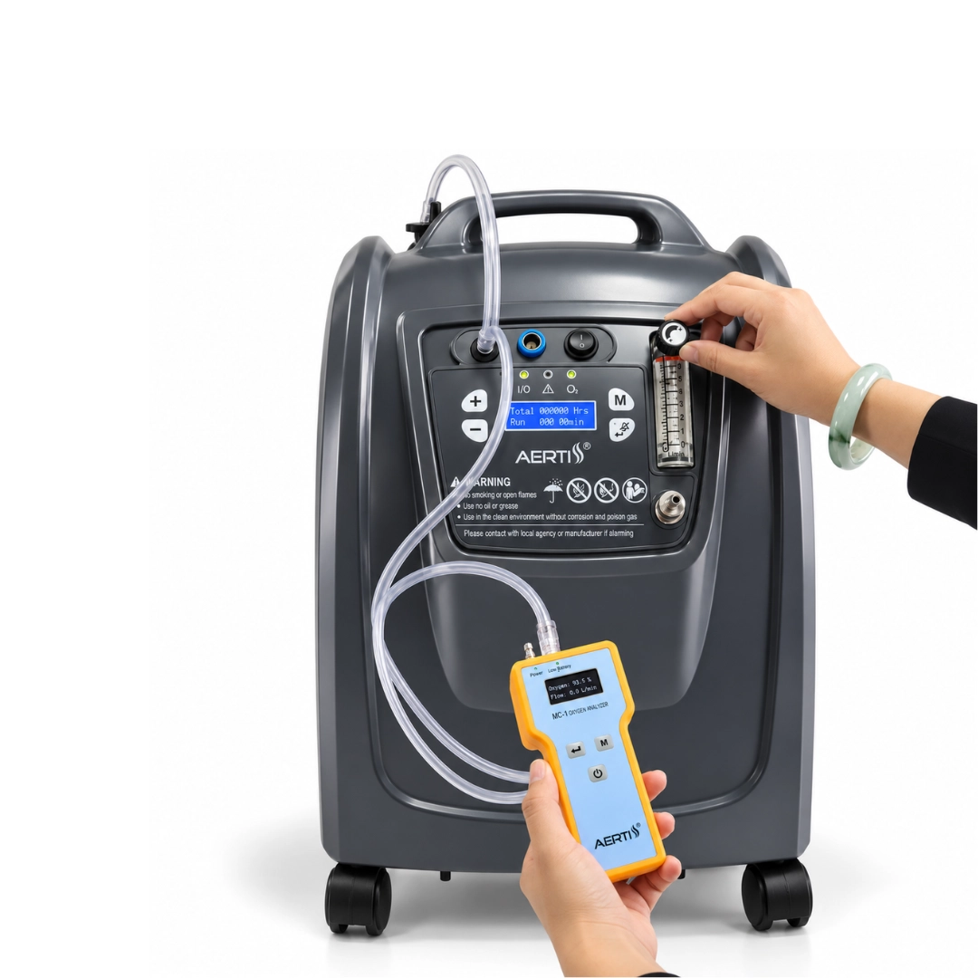 AERTI AE oxygen concentrator control panel with display, buttons and oxygen flowmeter