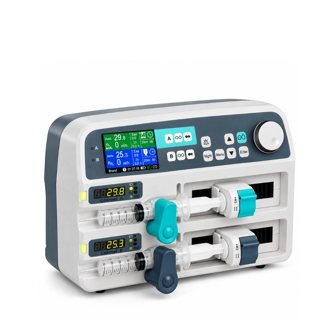 Brightfield Healthcare KL-702 syringe infusion pump, three-quarter view with two channels