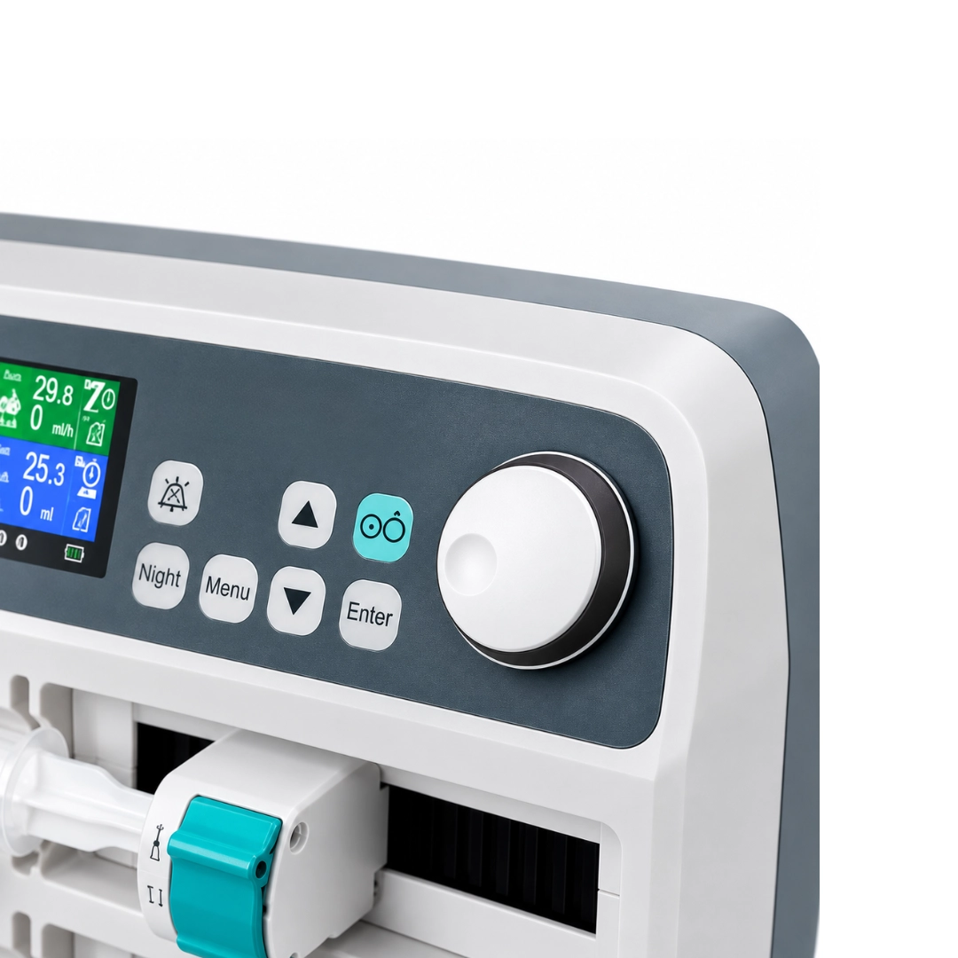 KL-702 syringe infusion pump control panel with display, buttons and control knob