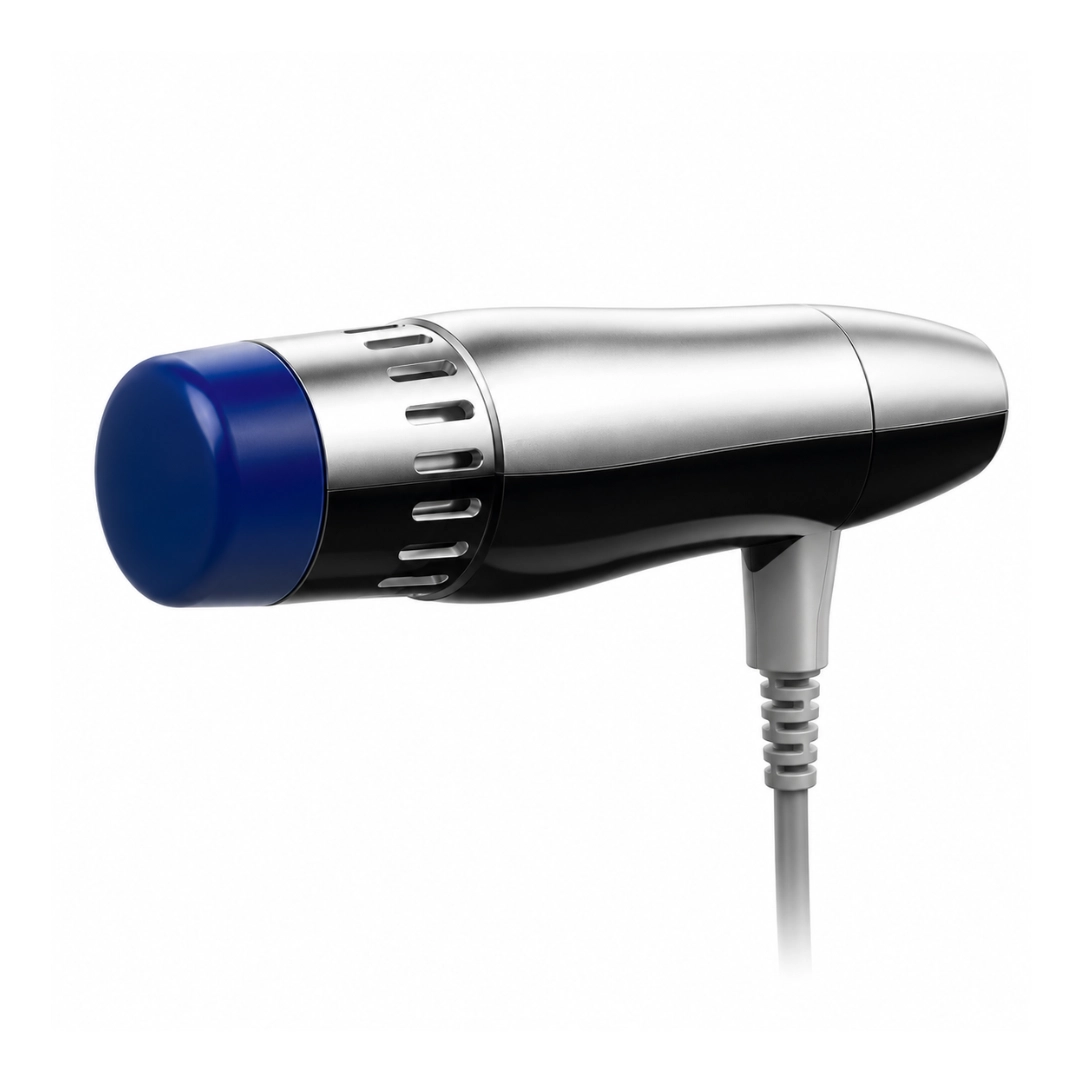 Brightfield RSWP-1 radial shock wave therapy applicator with blue treatment head, metallic housing and connecting cable on a white background