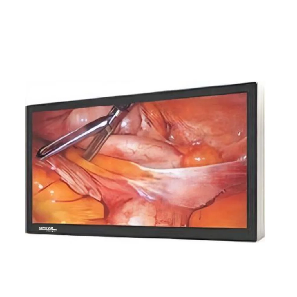 Brightfield Endoscopes 32-inch surgical monitor with black frame displaying laparoscopic surgery, front-right view on a white background