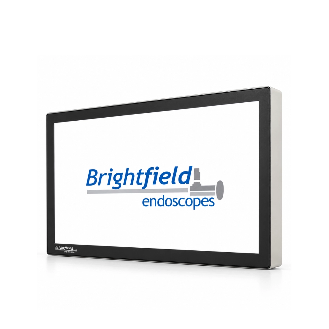 Brightfield Endoscopes 4K surgical monitor with black frame, white screen and company logo, right-angle view