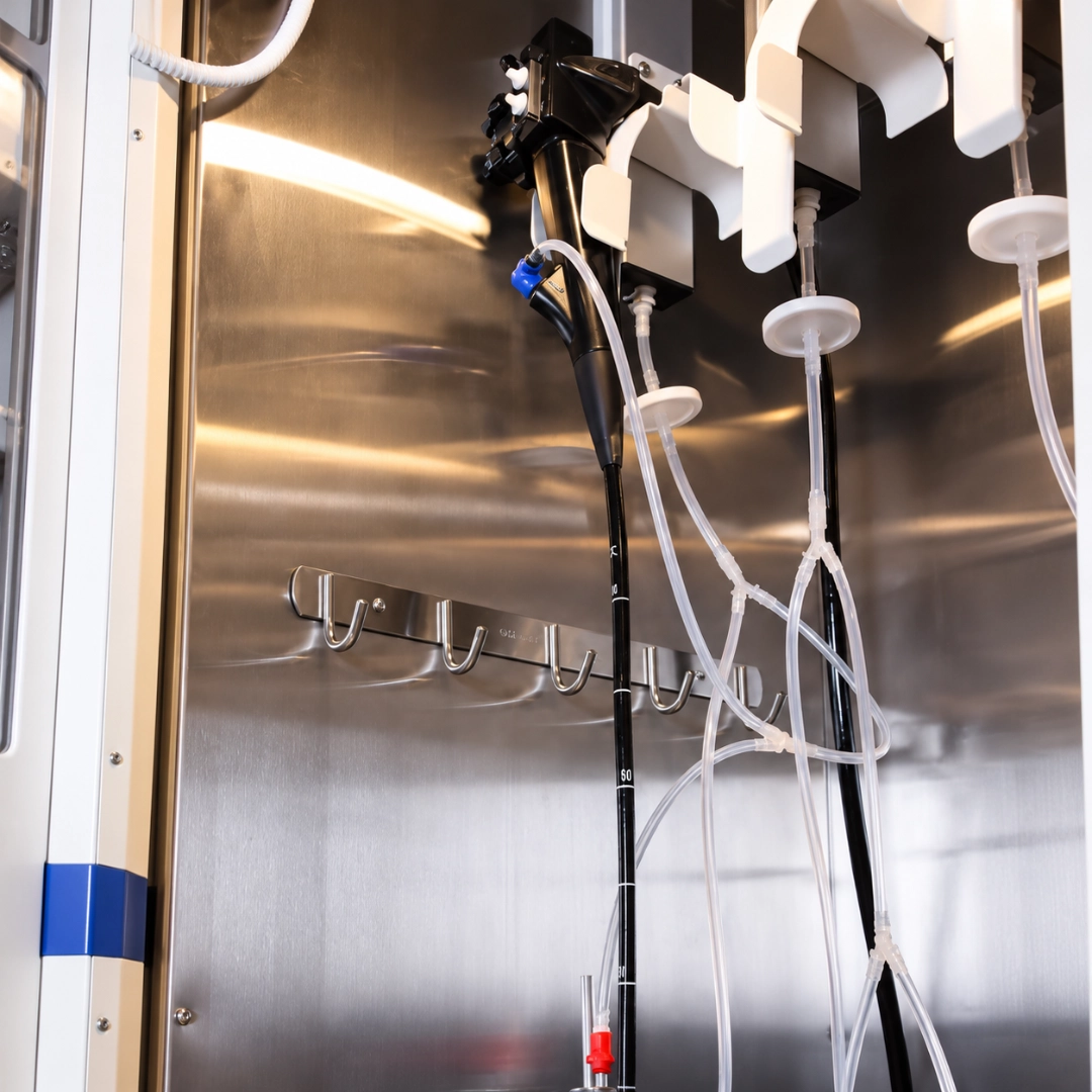 Interior of the BFW-4M cabinet with holders and connections for flexible endoscopes