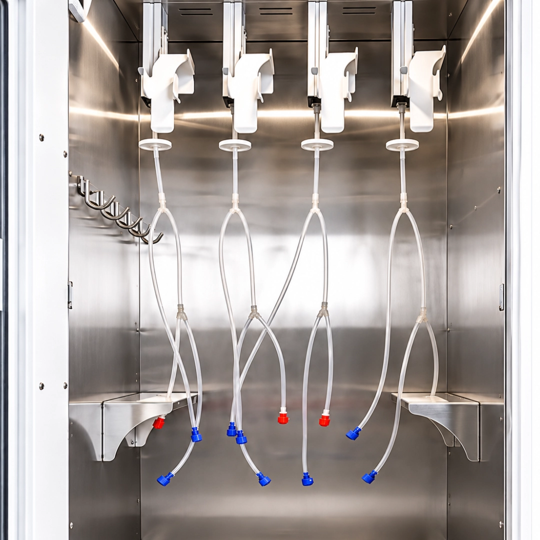 Interior of the BFW-4M cabinet with four holders for flexible endoscopes