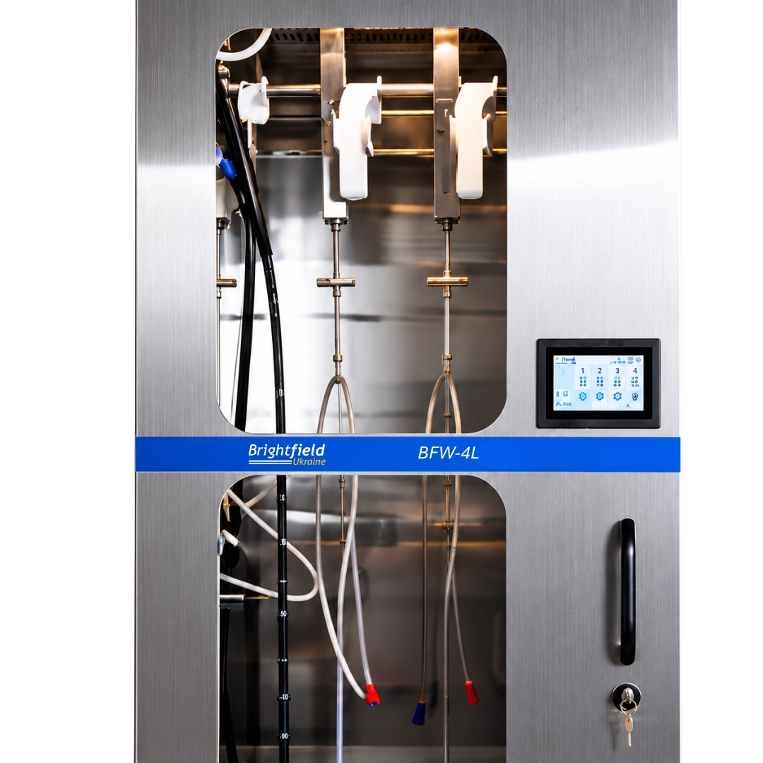 Interior of the BFW-4L cabinet for storing flexible endoscopes with an endoscope hanging system