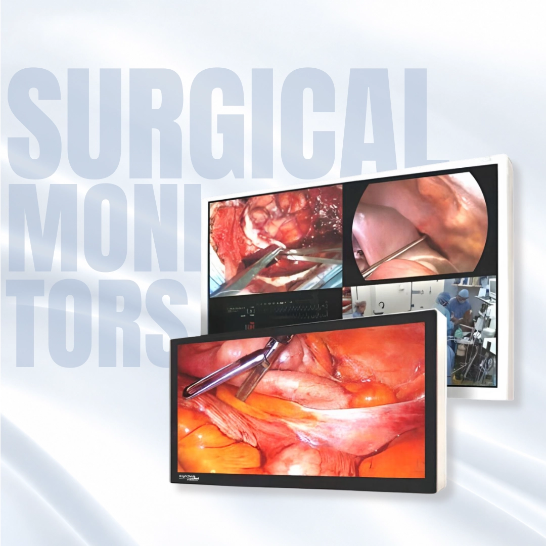 Brightfield surgical monitors displaying endoscopic and laparoscopic images for visualization during minimally invasive procedures