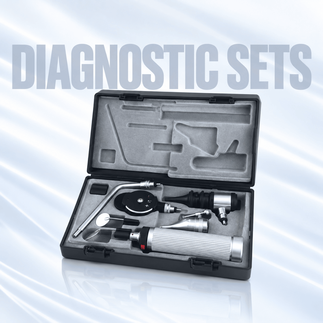 Diagnostic set with medical examination instruments in a protective case