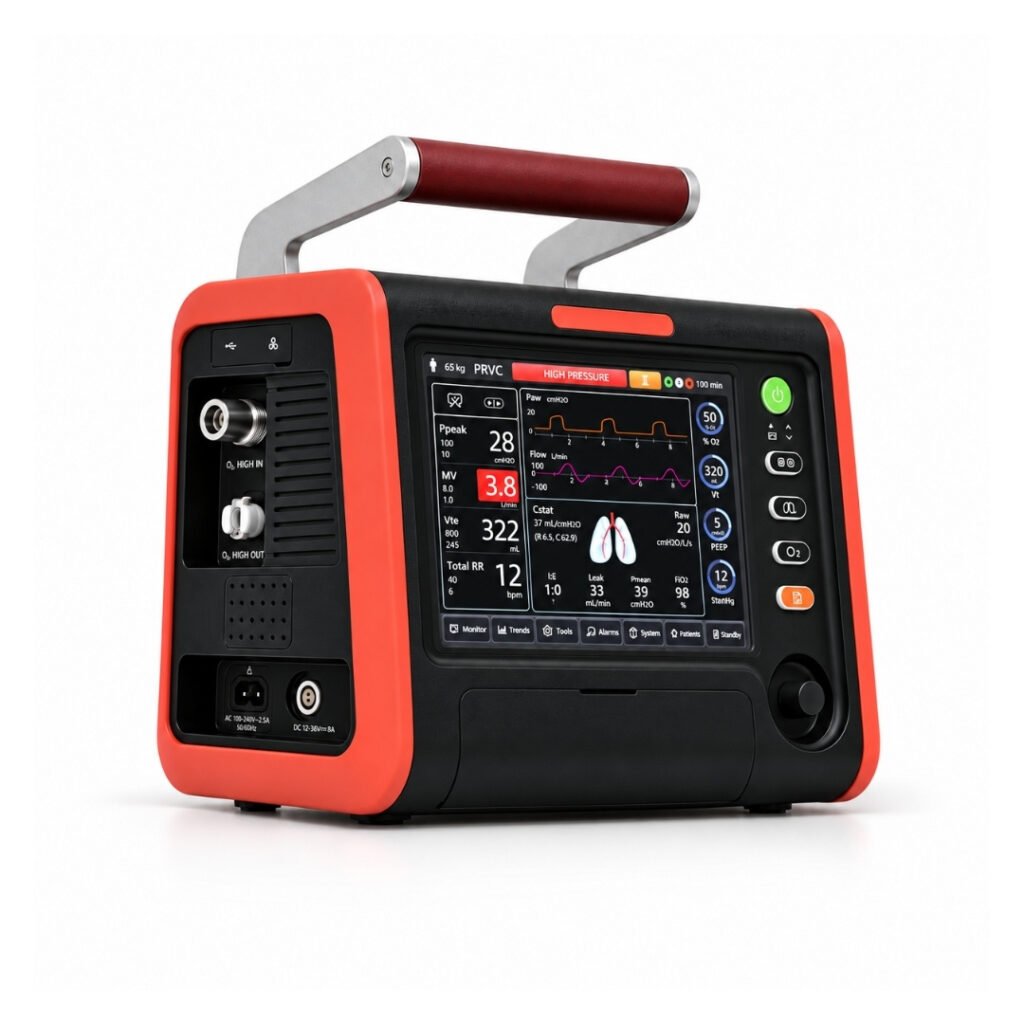 Brightfield S1200T portable transport ventilator with display, control panel and integrated carrying handle