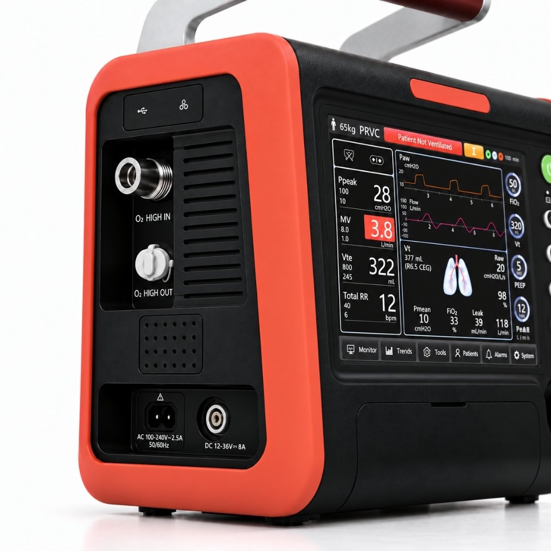 control-buttons.jpg Brightfield S1200T ventilator control panel with ventilation waveforms, monitoring parameters and physical control buttons